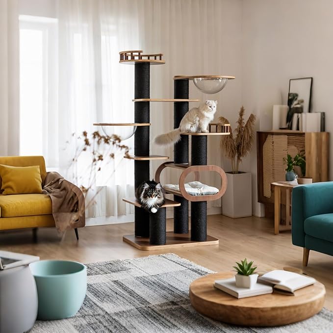 70.8'' Tall Luxury Cat Tree,All i,ne One Black Walnut Wood Modern Cat Tower for Indoor Large,Huge Multi-Level Cat Furniture with Scratching Posts,Condo,Cushion,Clear Bowl,Platform for Home Decoration-PurrikoPets