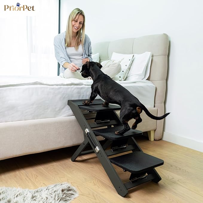 Dog Steps for Bed & Couch 2-in-1 Dog Stairs/Ramp - Height Adjustable Dog Ramp for Couch 7” - 20” - Pet Stairs, Dog Stairs for Small Dogs - Easy to Move Pet Steps with Landing Platform, Black-PurrikoPets