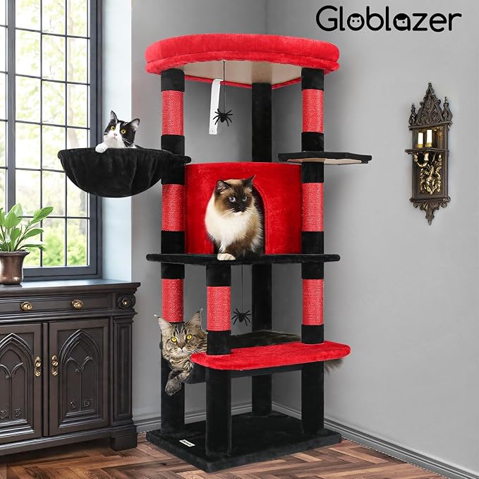 Globlazer Gothic Corner Cat Tree Tower with Scratching Post for Indoor Cats, 51inch Goth Cat Condo Tower with Large Hammock, Fan-Shaped Padded Perch, Spacious Cat Cave, Hanging Basket, C51, Red Black-PurrikoPets