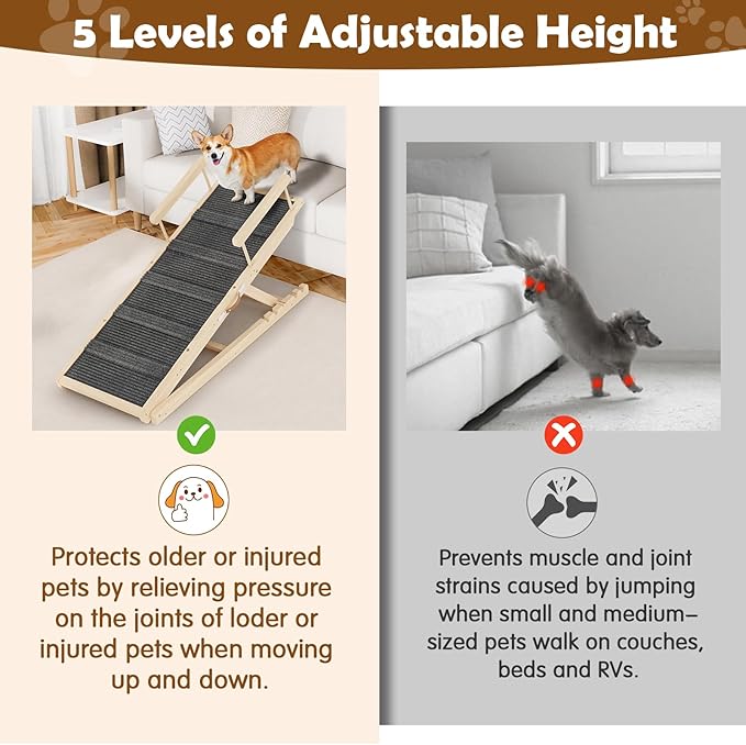 Dog Ramp for Couch, Bed or Car, Wooden 55" Long Pet Stairs for Small & Large Old Dogs & Cats, Hold up to 250lb, 6 Adjustable Height from 19.68" to 27.55" Portable Doggie Steps, Excellent Traction-PurrikoPets