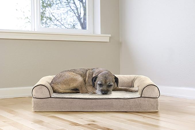 Furhaven Cooling Gel Dog Bed for Medium/Small Dogs w/ Removable Bolsters & Washable Cover, For Dogs Up to 35 lbs - Sherpa & Chenille Sofa - Cream, Medium-PurrikoPets