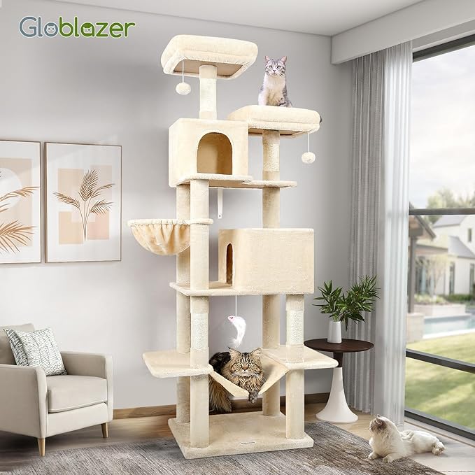 Globlazer Cat Tree Tower, 76-Inch Extra Tall Multi-Level Cat Furniture with Cozy Condos, Hammock and Perches for Adult Cats, Perfect for Climbing, Scratching, and Play, F76, Beige-PurrikoPets