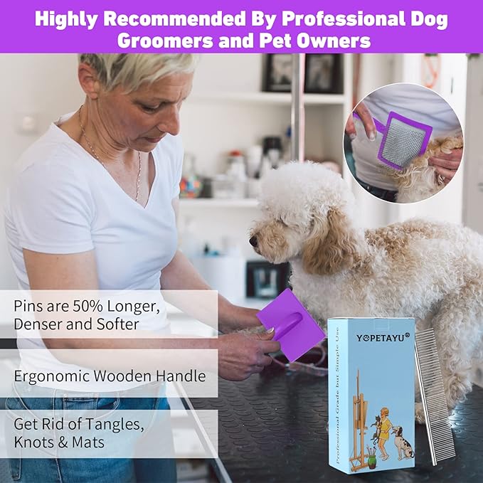 Dog Slicker Brush for Shedding and Grooming Medium or Long Haired Cats, Extra Long & Soft Pin Slicker Brush for Removes Loose Hair, Tangles, Knots, Undercoat, Free Pet Comb, Large Purple-PurrikoPets