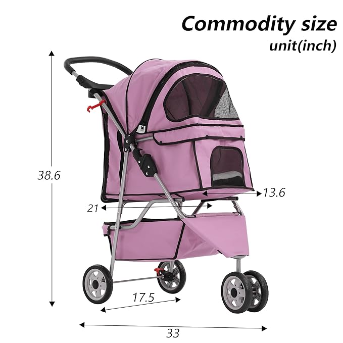 Dog Stroller,3 Wheels Travel Folding Pet Stroller for Small Medium Dog Cat Jogger Stroller with Storage Basket Removable Liner Pink-PurrikoPets