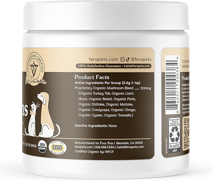 Fera Pets Mushroom Supplement for Dogs & Cats with Turkey Tail - USDA Organic - Cognitive and Immune Support - Enhances Liver Function - Supports a Healthy Gut - Powder - 120 Scoops-PurrikoPets