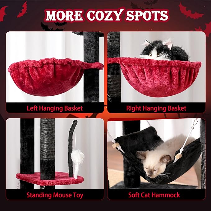 Gothic Cat Tree for Large Cats, 78.7"(200cm) Tall Cat Tower for Indoor Cats Multiple Cats with Large Top Perch, Cat Condo, Cat Hammcok, Cat Scratching Post, Black and Red GCT031BR-PurrikoPets