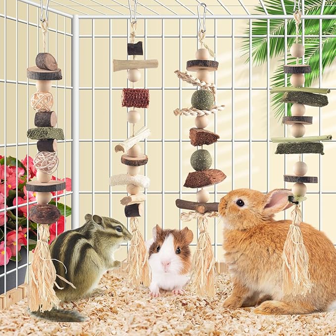 4 Pcs Bunny Chew Toys for Teeth, Hanging Rabbit Chewing Toy Treats with Timothy Grass & Natural Apple Wood, Improve Small Rodent Dental Health for Guinea Pig Hamster Chinchilla Rat Gerbil-PurrikoPets