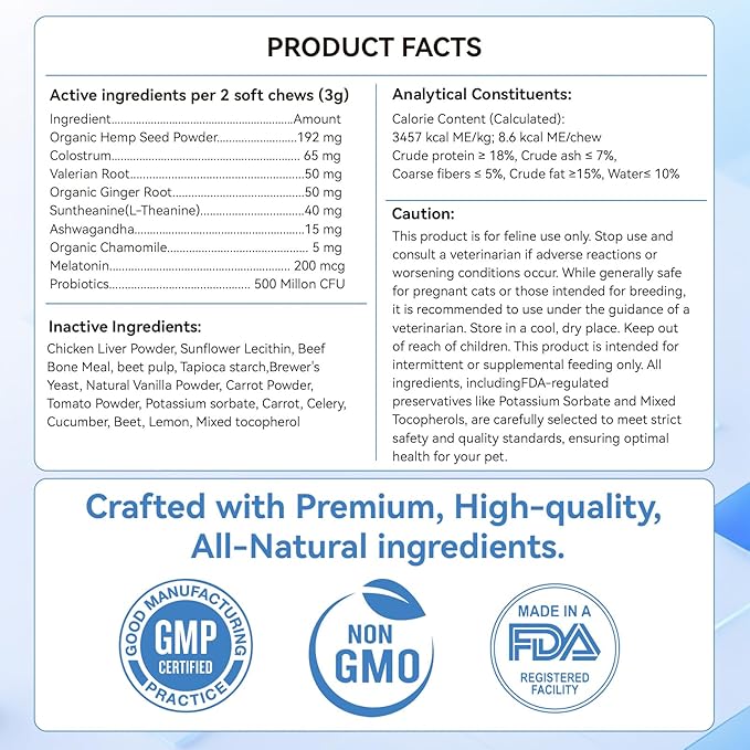 200 PCS Cat Calming Treats, Calming Treats for Cats Help to Manage Stress & Anxiety, Calming Aid for Cats with Hemp Seed Powder Chamomile Melatonin for Cat Anxiety Relief, Separation, Travel, Storms-PurrikoPets