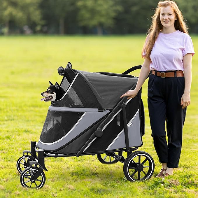 Dog Stroller for Medium/Large Dogs One-Click Folding, Extra Large Pet Stroller for 2 Dogs with Storage Pocket & Shock Absorption, Up to 130 lbs, Grey-PurrikoPets