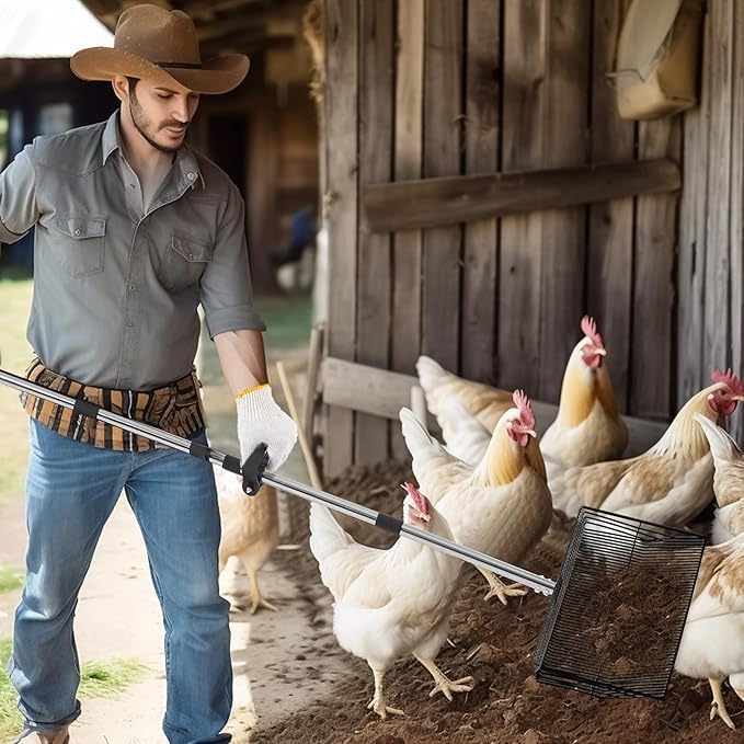 15-inch Large Chicken Poop Scooper, 5 in 1 Adjustable Chicken Coop Scoop with Ergonomic Grip, 24" to 77" Long Stainless Steel Sifting Litter Shovel Pooper Scooper Chicken Coop Accessories-PurrikoPets