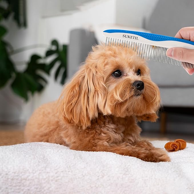 Dog Grooming Comb for Matting, Dog combs for grooming matting, Dematting Comb for Dogs and Cat with Stainless Steel Teeth & Non-Slip Handle (Style 1- Blue)-PurrikoPets