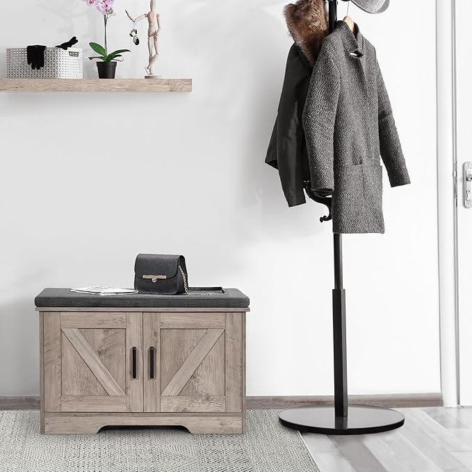 2-Tier Storage Bench, Shoe Bench with Padded Seat Cushion, Entryway Bench with 2 Barn Doors, Adjustable Shelf, 13.8" D x 27.6" W x 17.7" H, for Entryway, Living Room, Bedroom, Greige-PurrikoPets