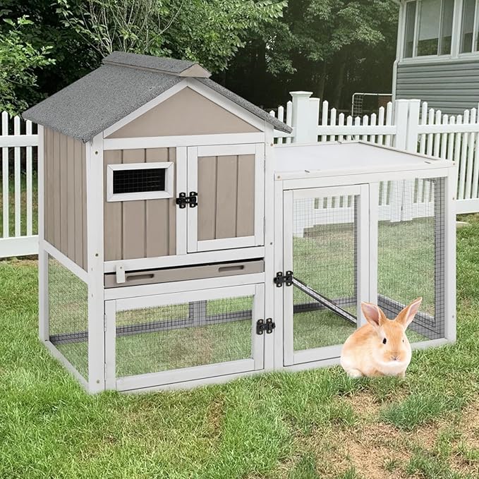 47''L Rabbit Hutch Outdoor Chicken Coop with Run, Wooden Indoor 2 Story Bunny House with Waterproof Roof, Pull Out Tray, Guinea Pig Rabbit Duck Cage for Small to Medium Animals and Pet Lover, Gray-PurrikoPets