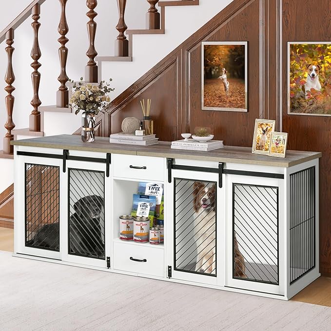 Extra Large Dog Crate Furniture, 85" Sliding Door Double Kennel for 2 Large Dogs Divided, Heavy Duty Wooden Dog Crate Kennel Furniture with 4 Dog Bowls and Drawer Indoor, White-PurrikoPets