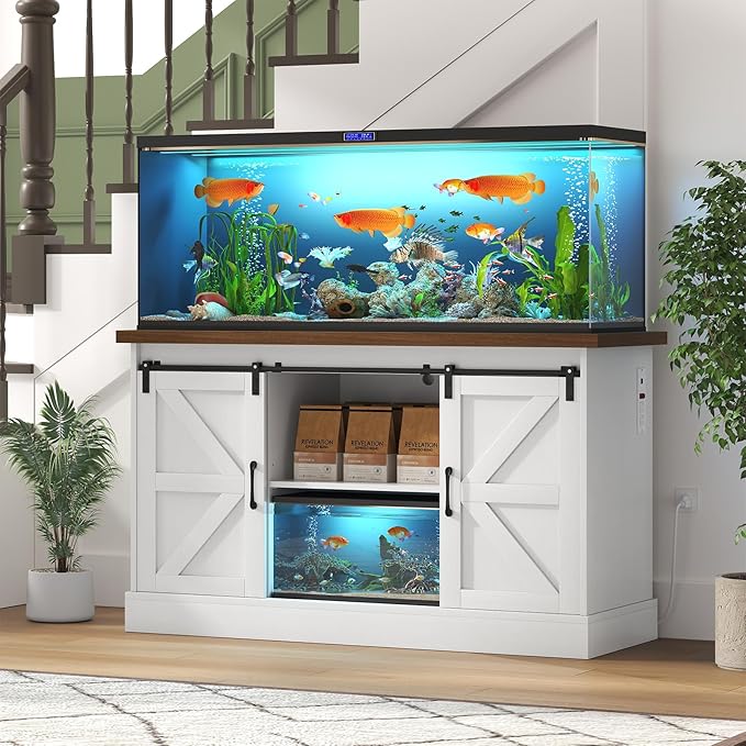55-75 Gallon Fish Tank Stand with Sliding Barn Doors & Power Outlet, Heavy Duty Aquarium Stand with Cabinet Storage for Fish Tank, Turtle Tank, Reptile Terrarium, 1000LBS Capacity, White-PurrikoPets
