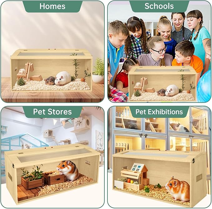 32" Hamster Habitat Enclosure, Top Opening Lockable Roof Door, Gerbil Dwarf Hamster Cage with Hygrometer, Chewproof Syrian Hamster Cage for Mice, Small Animal, (Wooden, 32" L x 16" W x 16" H)-PurrikoPets