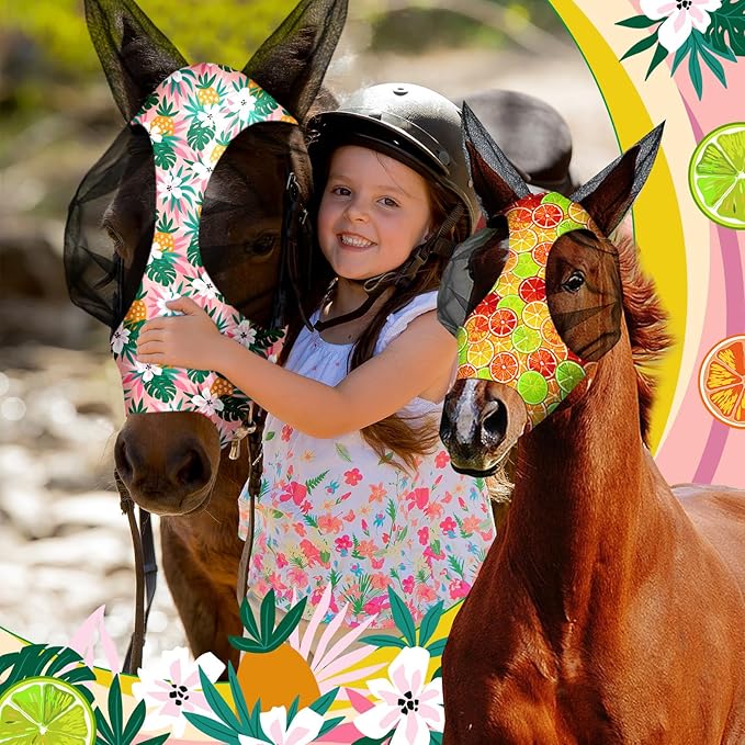 Frienda 4 Pieces Horse Fly Masks with Ears Face Covering UV Protection from Insect Pests Elasticity Smooth Comfortable Mesh Horse Mask Accessories(Fruit,Large)-PurrikoPets