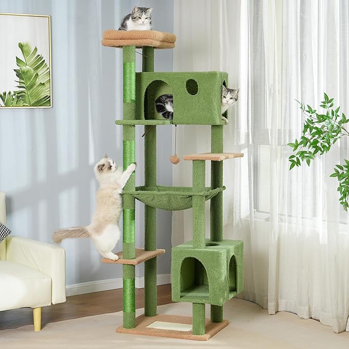 72” Cat Tree for Large Cats Big Cat Tower with Enlarged Hammock 21.6x17.7” Spacious Cats Condo House and Roomy Top Bed and Multiple Scratch Posts for Indoor Adult Cats (Green, XLarge-72)-PurrikoPets