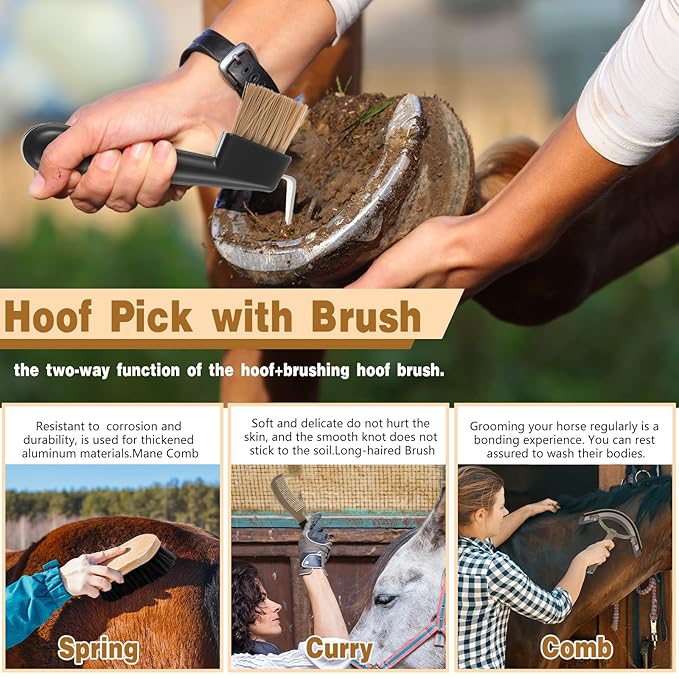 Abbylike 12 Pieces Horse Grooming Kit with Organizer Tote Bag Tack Room Supplies Horse Brush Sets Equine Care Cleaning Kit Shedding Grooming Massaging Tools(Khaki)-PurrikoPets