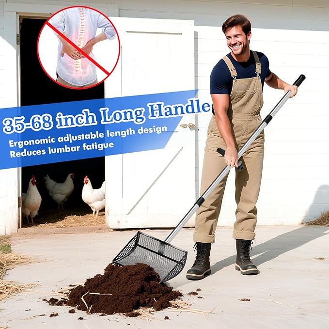 12 Inch Chicken Poop Scooper & Rake 2-in-1, Large Metal Shovel Head, Rubber Handle Stainless Steel Chicken Litter Scoop for Chicken Coops, Litter Screening Scoop (35 to 65in) US Patent Pending (Black)-PurrikoPets