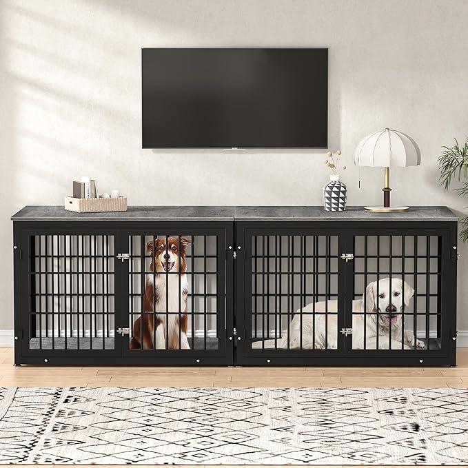 48 Inch Heavy Duty Dog Crate Furniture for Large Dogs, Decorative Pet House End Table, Extra Large Wooden Cage Kennel Furniture Indoor, Black and Gray-PurrikoPets