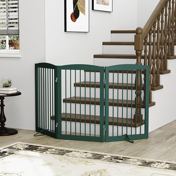 Freestanding Pet Gate for Dogs, Foldable Wooden Dog Gate for House Indoor, Step Over Pet Puppy Safety Fence for Stair, Doorway,Hall, Support Feet Included,3 Panels 32",Green-PurrikoPets