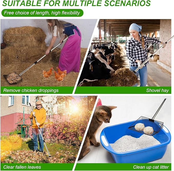 10inch Large Metal Chicken Poop Scooper, 36" to 75" Long Chicken Coop Litter Scoop with Stainless Steel Adjustable Handle, 4 in 1 Detachable Litter Sifting Shovel Scoop for Chicken Coop Accessories-PurrikoPets