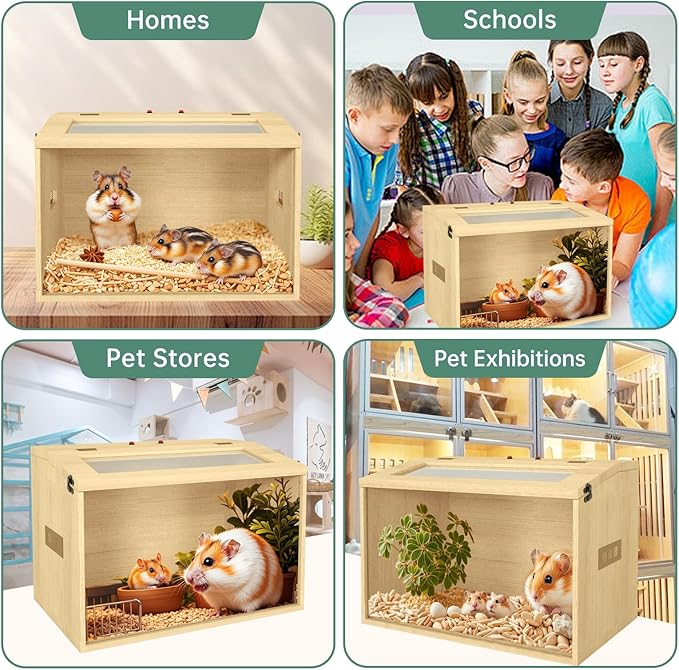 24" Hamster Cage, Top Opening Lockable Roof Door Gerbil Cage, Dwarf Hamster Cage with Hygrometer, Mice and Small Animal Habitat, Chewproof Syrian Hamster Enclosure, (Wooden, 24" L x 16" W x 16" H)-PurrikoPets