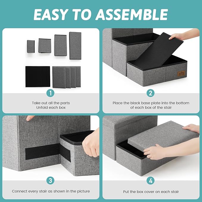 Dog Stairs with Storage, 4-Step Wider Sturdy Dog Steps for Small/Medium/Large Dogs and Older Cats, Folding Doggie Ramp for Bed/Couch/Car Hold Up to 180 lbs (22" H, Grey)-PurrikoPets