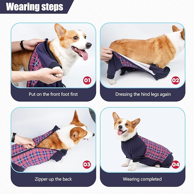 Dog Recovery Suit, Abdominal Wound After Surgery Wear, Anti Licking Bodysuit with Zipper, E-Collar & Cone Alternatives, Plaid Dog Spay Surgical Onesie Prevent Shedding(Large, Red)-PurrikoPets