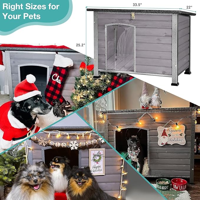 Feral Dog House Outdoor,Anti Bite Iron Frame Dog Kennel,Wood Warm Pets Home,Insulated Weatherproof Outside Shelter for Feral Animal (33.5"(L)×22"(W)×25.2"(H)-Grey-in)-PurrikoPets