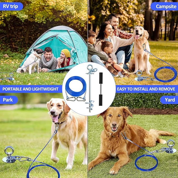 Dog Tie Out Cable and Stake,45FT Heavy Duty Cable,360°Swivel Dog Run- No Tangle,Runner for Yard- Up to 150LBS,Ideal for Outdoor Camping-PurrikoPets