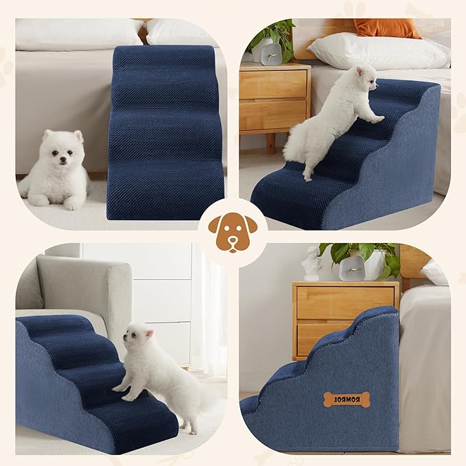 Dog Stairs, Romrol Dog Steps Ramp for High Bed and Couch, Dogs Ramp with Durable Non-Slip Waterproof Fabric Cover, Pet Stairs for Small Dogs and Cats or Pets Joints, 4-TiersNavy-PurrikoPets