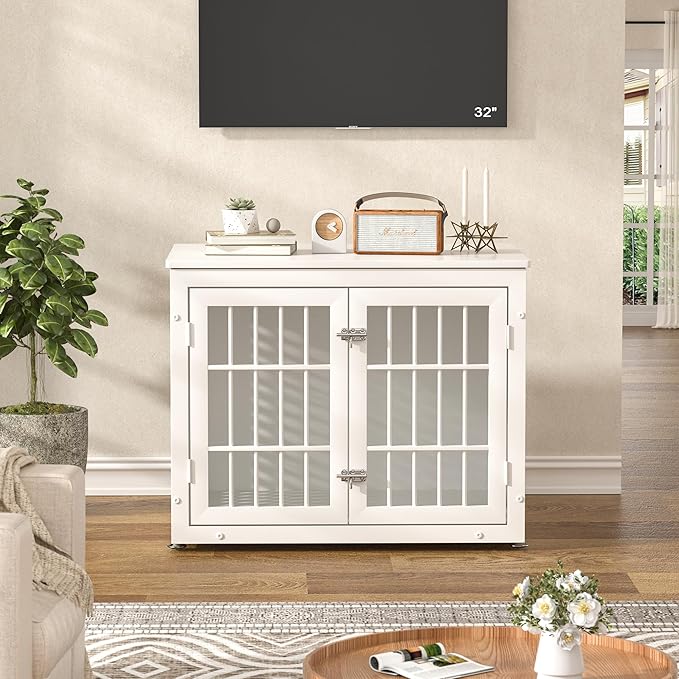 32" Heavy Duty Dog Crate Furniture for Small and Medium Dogs, Metal Kennel for High Anxiety Dogs, Chew Proof Pet Cage Indoor, Decorative Dog Kennel End Table, White-PurrikoPets