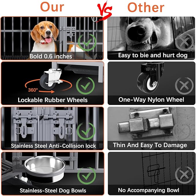 aboxoo 42/48 inch Heavy Duty Metal Dog Crate for 2 Dogs/Large Dog,All Metal Open Top,Dog Kennel Indoor with Wheels,Floor Grid, Tray, Divider and Feeding Bowl (Sliver)-PurrikoPets