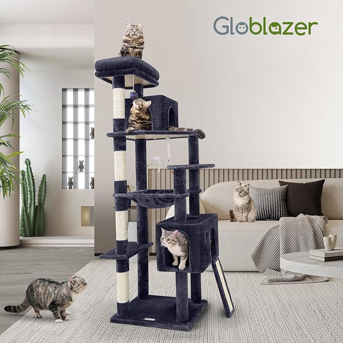 Globlazer Heavy Duty Cat Tree, 70 inch Sturdy Cat Tree for Indoor Cats Extra Large Cat Tower with Scratching Post, Hammock, Cat Condo for Adult Cats Kittens, F70 Pro, Dark Grey-PurrikoPets
