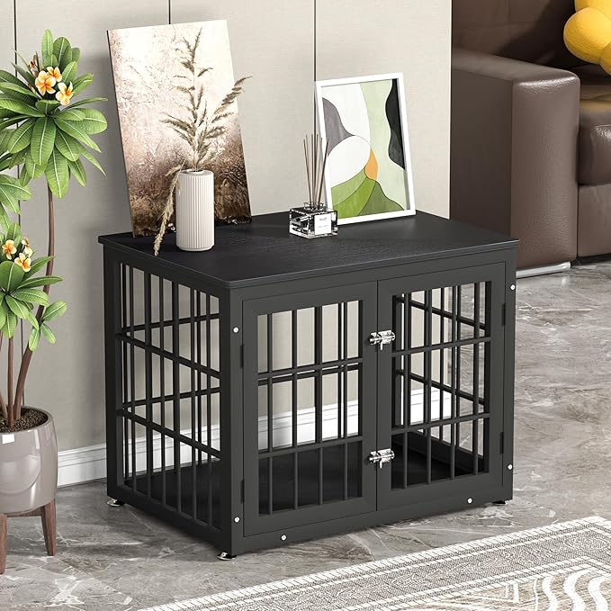 32 Inch Heavy Duty Dog Crate Furniture for Medium and Small Dogs, Decorative Pet House End Table, Wooden Cage Kennel Furniture Indoor, Black-PurrikoPets