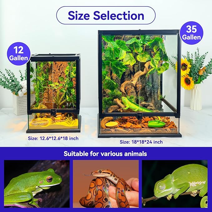 360° Clear View 35 Gallon 24x18x18 Glass Reptile Terrarium Suitable for Bearded Dragon, Chameleon, Crested Gecko, Multi-Pet Enclosure with Front Door, Excellent Ventilation, Hidden Wiring Holes-PurrikoPets