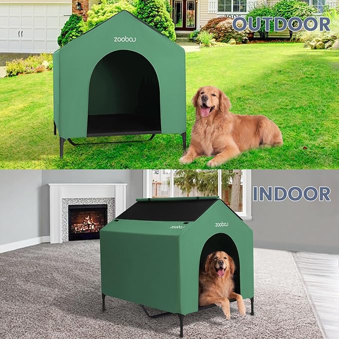 42" 2-in-1 Dog House for Medium Dogs, Elevted Dog House Outdoor/Indoor, Puppy Shelter Outside,Water Resistant 600D PVC and Durable 2x1 Textilene Raised Dog Bed(Green)-PurrikoPets
