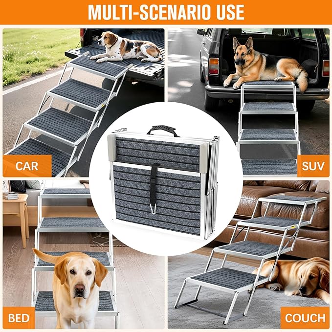 20" Extra Wide Dog Ramp, 4-Step Foldable Pet Stairs with Non-Slip Carpet - Lightweight Aluminum for SUV/Truck/Car & High Beds - Supports Large Dogs up to 200Lbs-PurrikoPets