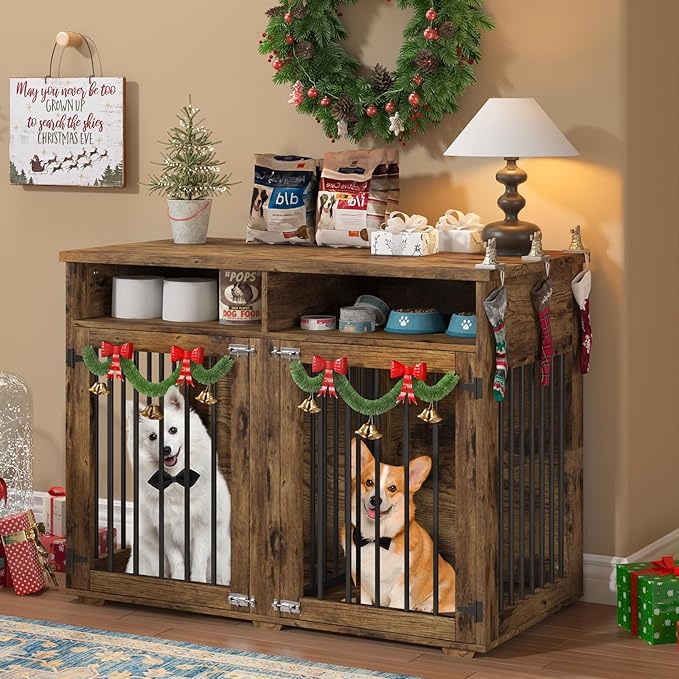 Furniture Dog Crate for 2 Dogs, 41 Inch Dog Kennel Furniture with Removable Divider and Shelf Storage, Wooden Dog Crate for Small/Medium Dogs, Rustic Brown-PurrikoPets