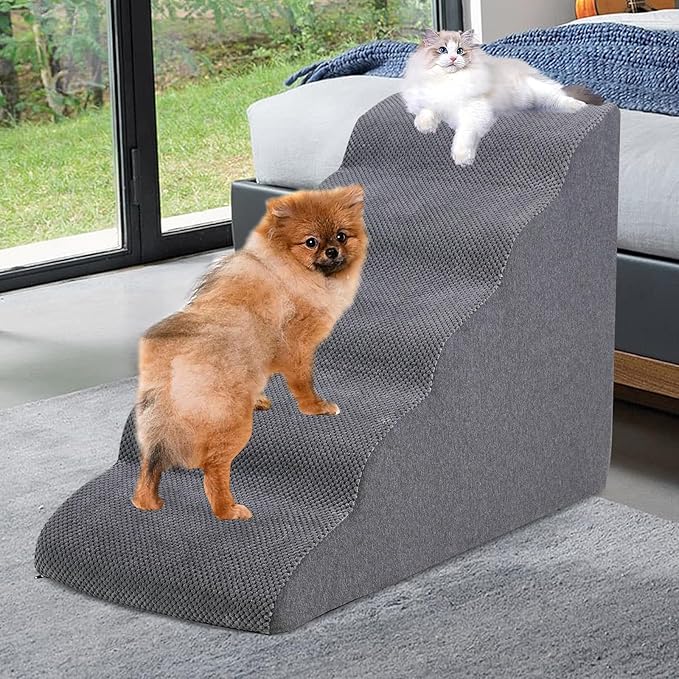Dog Stairs&Steps for High Beds Up to 28'', 5-Step Dog Ramp for Small Medium Dogs with Washable Cover, Non-Slip Steps for Cats to Get on Couch and Sofa, Durable Foam Ladders, 24.4" Tall, Grey-PurrikoPets