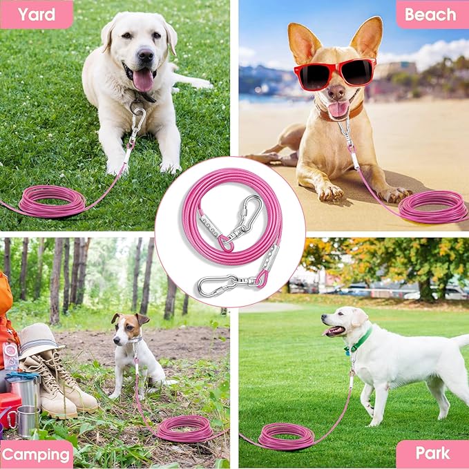 Dog Tie Out Cable for Outside,10FT Long Dog Leash&Chains with Swivel Hook,Small-Large Dogs Runner Cable for Yard,Heavy Duty Dogs Lead Line for Outdoor and Camping (500lbs 10FT, Pink)-PurrikoPets