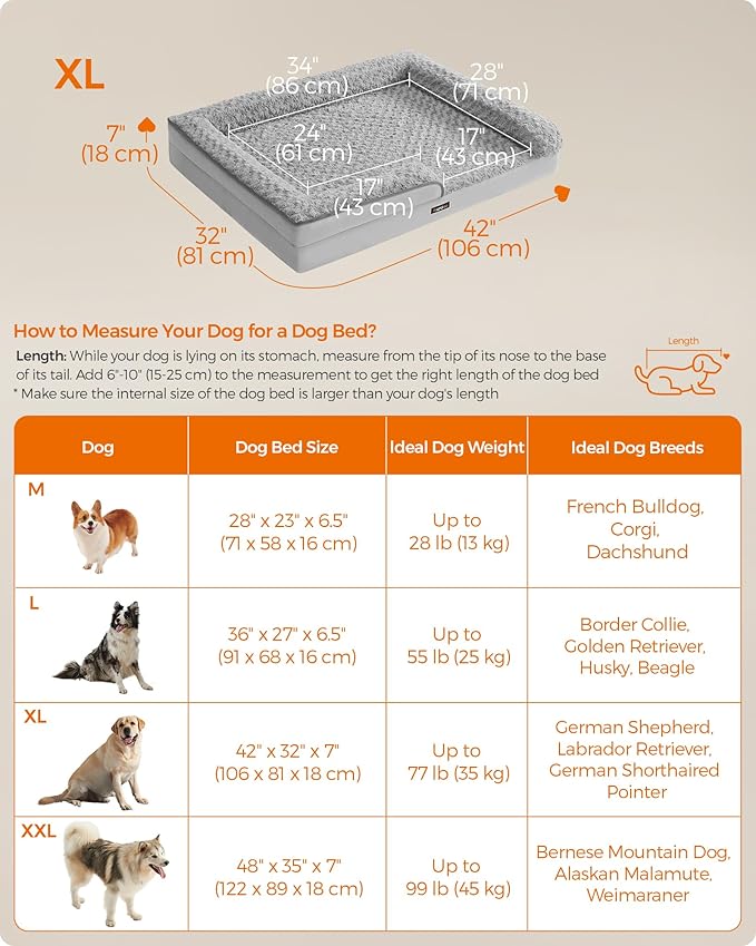 Feandrea Orthopaedic Dog Bed for Large Dogs, Waterproof Dog Sofa Bed with Removable Washable Cover, 42 x 32 x 7 Inches, Dove Gray UPGW253G01-PurrikoPets