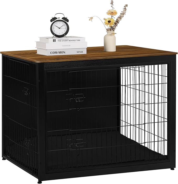 DWANTON Dog Crate Furniture with Cushion, Wooden Kennel Table with Double Doors, Indoor Dog House, Extra Large Size, 43.3" L, Black+Warm Brown-PurrikoPets