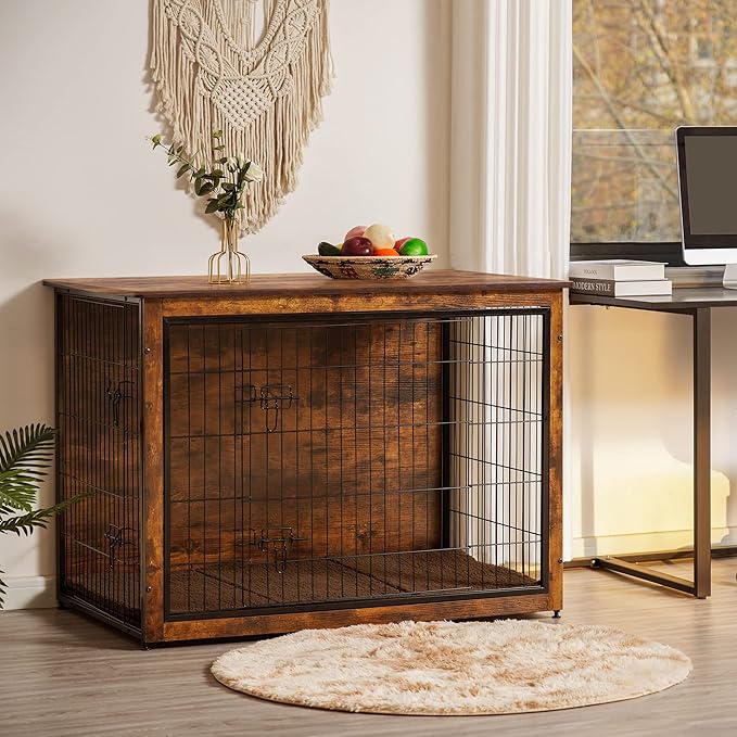 DWANTON Dog Crate Furniture with Cushion, Wooden Kennel Table with Double Doors, Indoor Dog House, Extra Large Size, 43.3" L, Rustic Brown-PurrikoPets