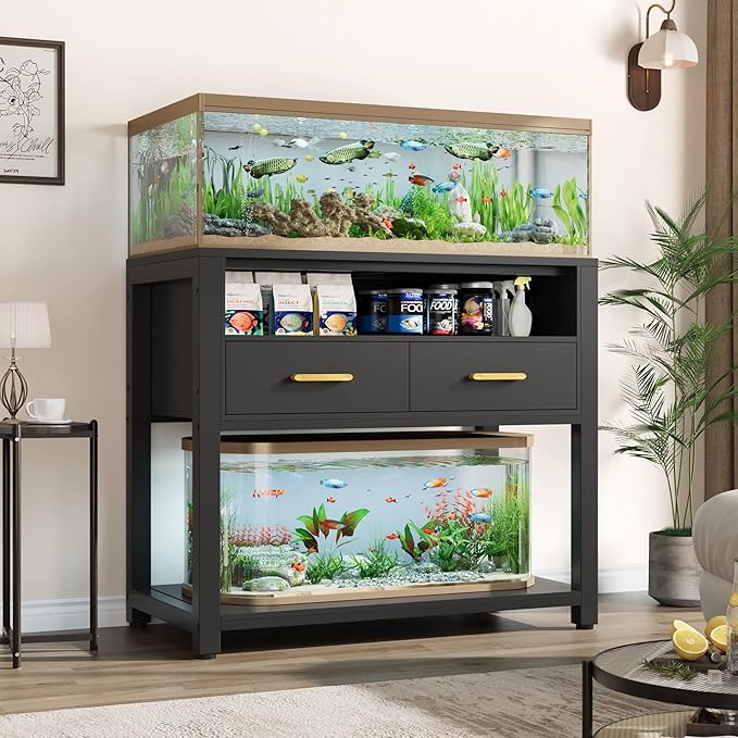 40-50 Gallon Aquarium Stand with Stable Metal Frame & Power Outlet, Heavy-Duty Fish Tank Stand with Waterproof Mat, 800LBS Capacity Storage Cabinet, Suitable for Turtle Tank, Reptile Terrarium, Black-PurrikoPets