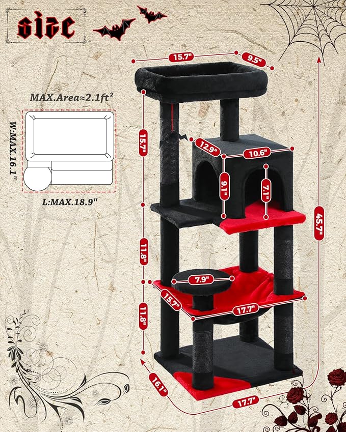 Gothic Cat Tree with Super Large Hammock, 45.7" Black Cat Tower with Coffin Bed, Cat Condo, Sisal Scratching Posts & Top Perch, Multi-Level Goth Cat Tree, Halloween, Black-PurrikoPets