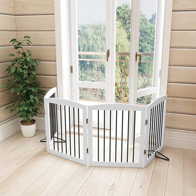 Freestanding Pet Gate for Dogs, Foldable Wooden Dog Gate for House, Indoor Dog Gate for Stair, Doorway, Gates for Dogs Indoor, 80 Inch Wide, 4 Panels 24",White-PurrikoPets