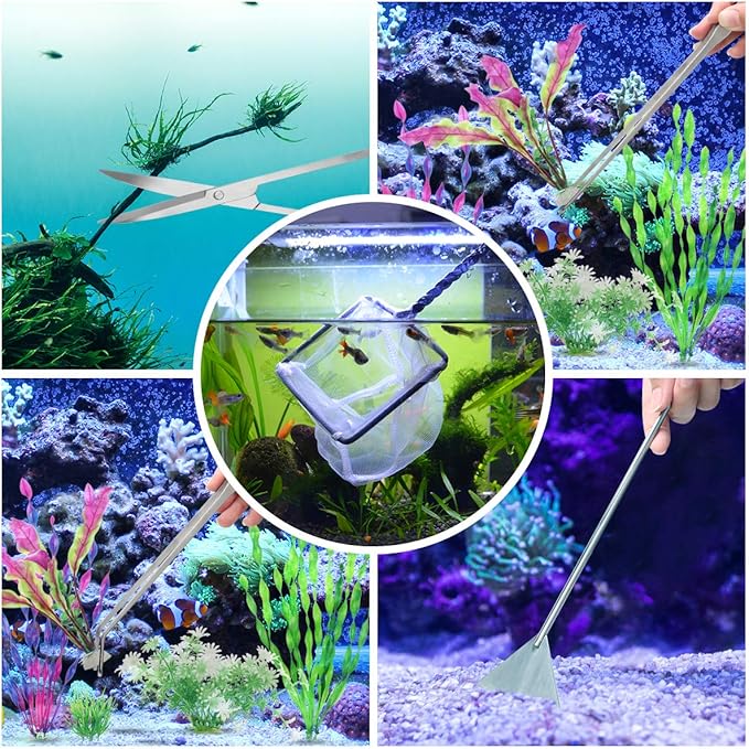 Extra Long Aquarium Aquascaping Tools Kit 8 in 1, Liveek Stainless Steel Aquarium Plant Tools Long Fish Tank Aquascape Tweezers Scissors Scrapers, PH Paper, Fish Net, Aquascape Clean Brush, Bag-PurrikoPets